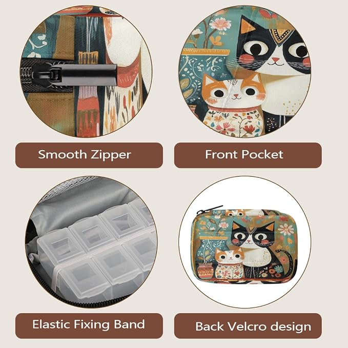 Weekly Pill Organizer Travel Size Bag with Removable 7 Day Pill Box Portable Vitamin Case Purse with Zipper,Two Cats Floral Decoration