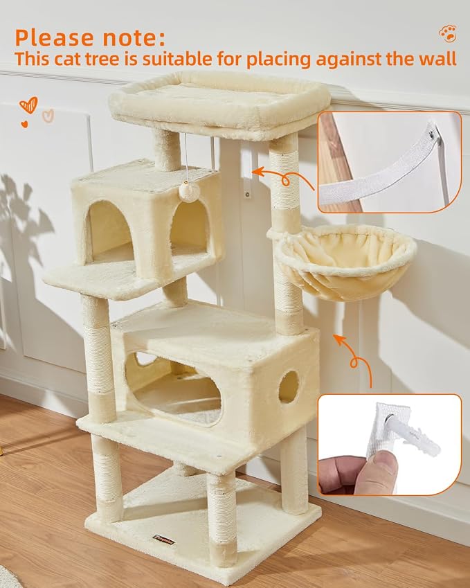 Taoqimiao Cat Tree, 49In Cat Tower for Indoor Cats Large Adult | 2 Luxurious Cat Condos, Thick Padded Top Perch, Adjustable Hanging Baskets, 5 Scratching Sisal Posts, Beige MS029LM