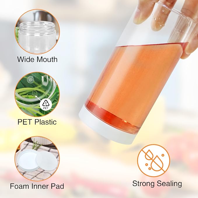 PeacePeo Plastic Jars with Lids 16 OZ, 24 Pack Clear Empty Jars | Large Size Clear Wide Mouth Storage Containers, Leakproof White Lids, Reusable Round Jars for Household Dry Food Storage