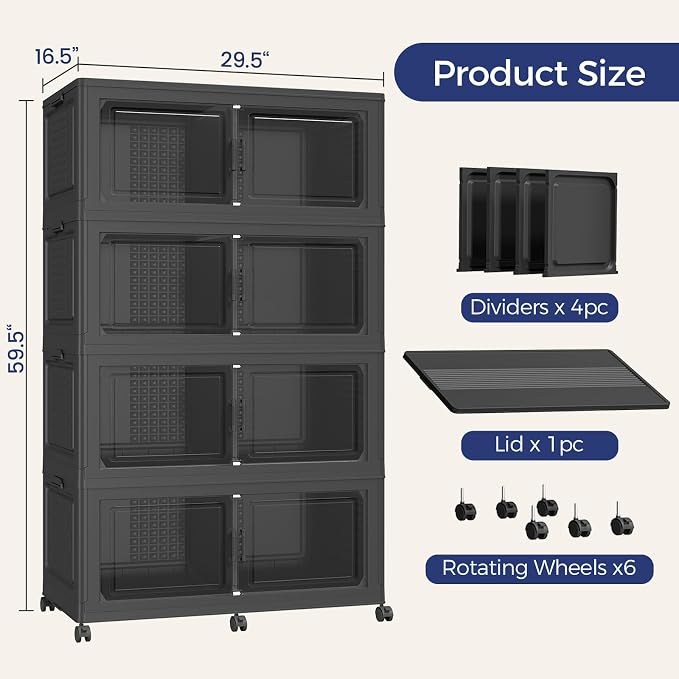 160Gal Stackable Storage Bins with Lid 4-Tier Collapsible Cabinet Closet Organizer Box with Wheels, 640QT Large Plastic Drawer Container with Doors for Clothes Kitchen Organizing, Black
