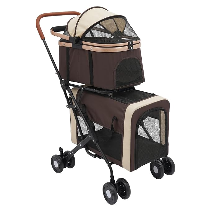 Pet Stroller, Portable Double Pet Stroller Cart with 4 Wheels, Heavy Duty Foldable Dog Cat Supplies, Multifunctional Carrying Storage Cat for Traveling with Pets, Shopping (Coffee Color)