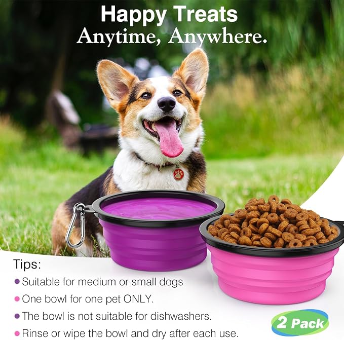 Pawaboo Collapsible Travel Dog Bowls 2 Pack with Lids&Carabiners Silicone | Feeding Watering Bowls for Dogs Cats, Collapsable Water Feeder Food Bowl for Walking Traveling Home Use, Pink + Purple