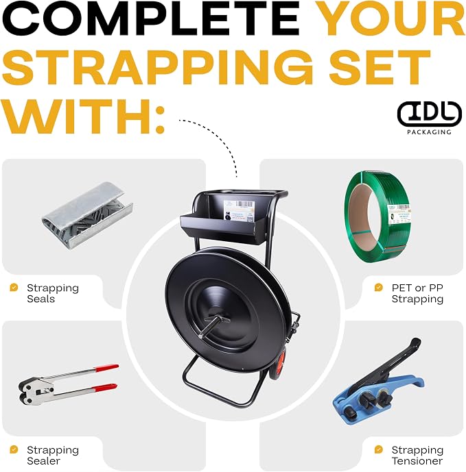 IDL Packaging Strapping Cart & Dispenser for PET Strapping (16" x3/6" Core) | CA-543 for Polyester (PET) Coils - Improved Brake System - Built-in Tray for Tools, Seals, and Gloves