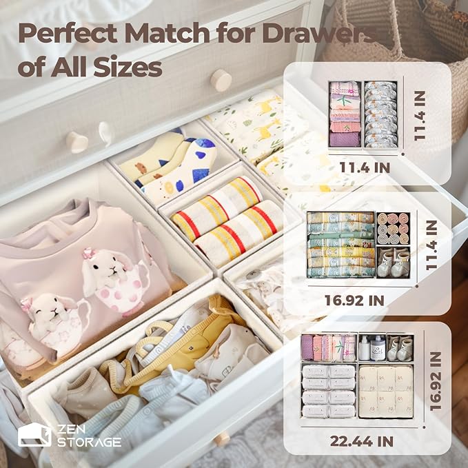 ZenStortage 12Pack Drawer Organizers Clothes, Linen Nursery Drawer Divider | Natural Cotton Linen Fabric, 3 Sizes for Flexible Combinations, Skin-Friendly Material, Foldable Zipper Design