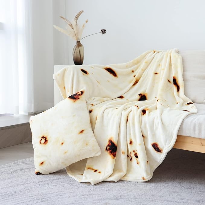 Bnuitland 72 Inches Tortilla Burritos Pattern Blanket with Pillow Cover (18×18"), 300 GSM Double Sided Giant Funny Novelty Realistic Food Blanket for Adults and Kids