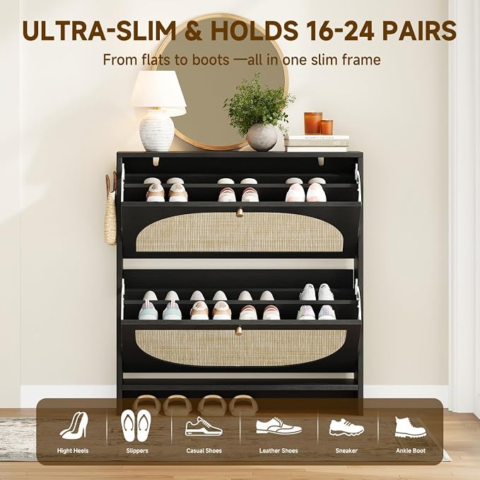 Shoe Organizer for Entryway, Slim Shoe Rack with 2 Flip Drawers, Modern Boho Rattan Shoe Cabinet Storage for Entryway, Narrow Shoe Cabinet with Adjustable Shelves for Small Spaces, Black