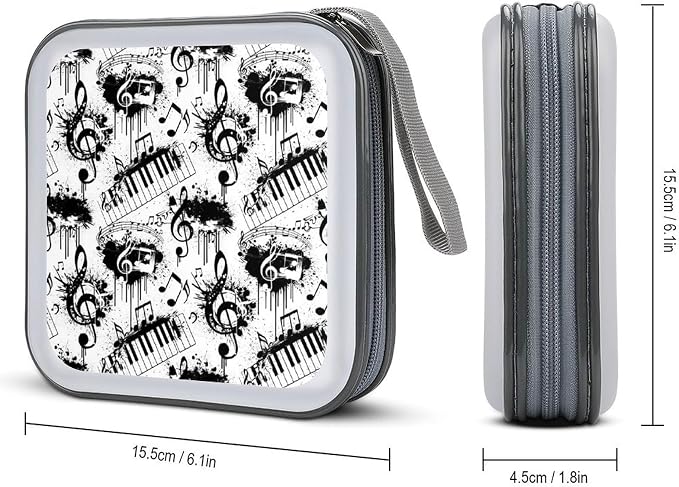 40-Capacity DVD CD Storage Wallet Abstract Music Note Piano, Heavy-Duty Hard Shell Binder, Portable Organizer with Strap for Car Travel