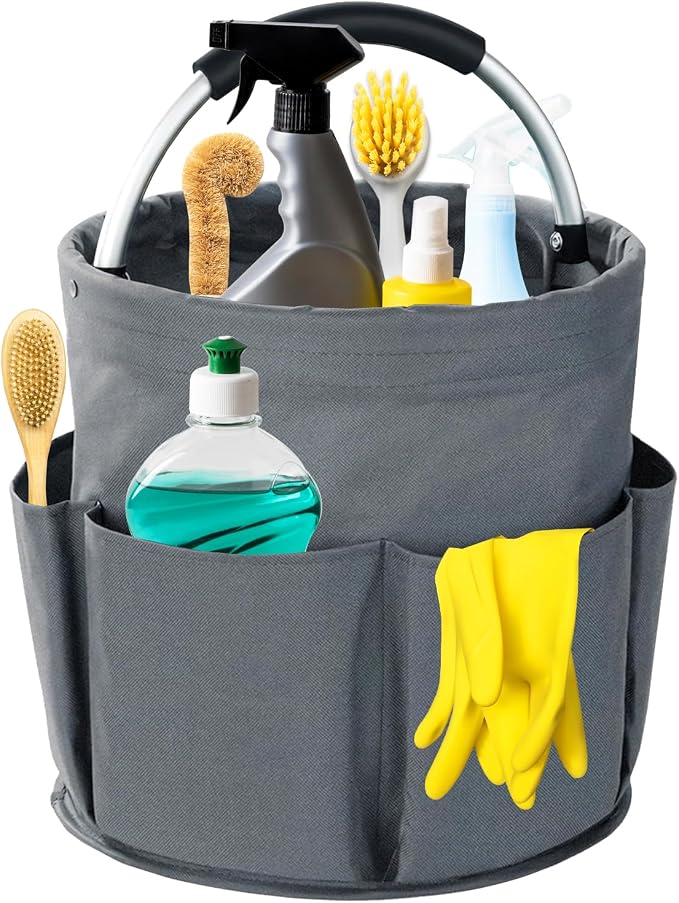 Cleaning Caddy with Handle, 17L Foldable Cleaning Supplies Organizer, Portable Storage Basket, Cleaning Supply Caddy, Multifunctional Cleaning Bucket Bag for Garden, Home, Kitchen (Grey)