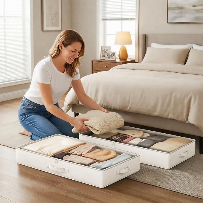 2-Pack Under Bed Storage Containers, 4.5 Inches Tall Clothes Storage, Beige | Low Profile Collapsible Underbed Organizer Bin with Sturdy Sidewalls/Bottom, Cotton-linen, For Seasonal Clothes & Bedding