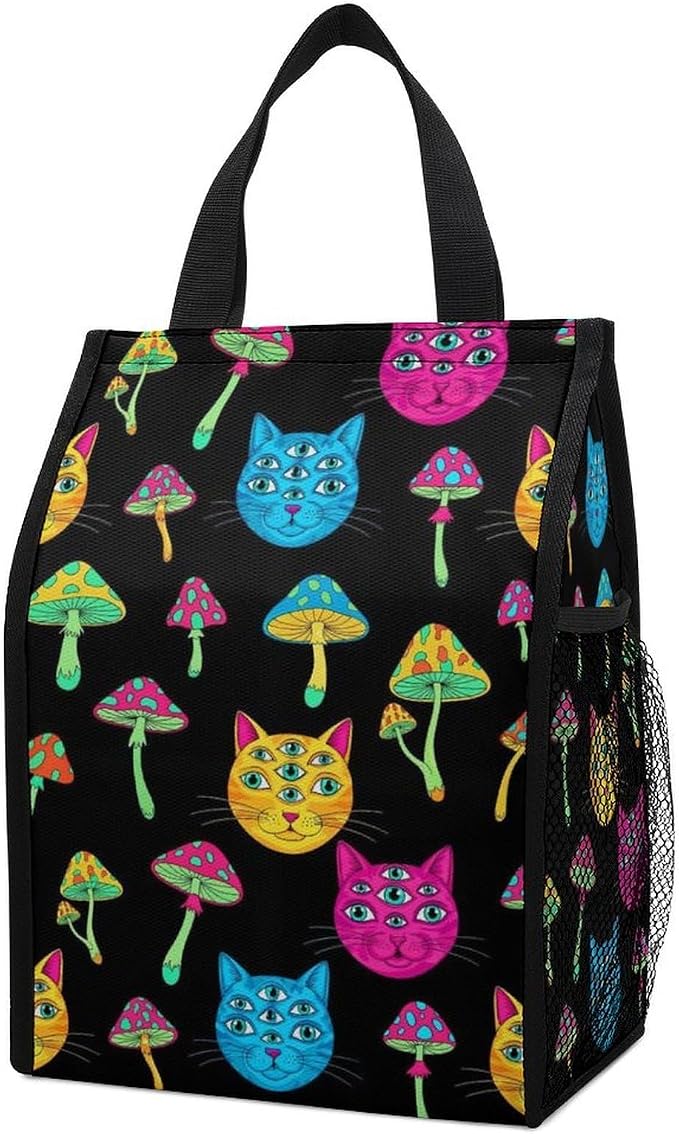 Reusable Insulated Lunch Bag Thermal Food Containers Organizer Lunch Cooler Totes Compatible with Halloween Trippy Eyes Black Cat Mushrooms Lunchbox for Picnic Office