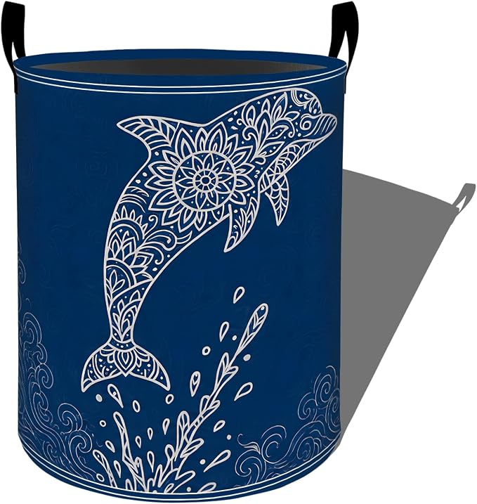 Jumping Dolphin Laundry Basket, Blue Bohemian Ocean Waves Storage Hamper, Round Collapsible Waterproof Cloth Bin, 19.7x15.7 Inch Boho Sea Clothes Organizer Gifts for Bathroom Decor