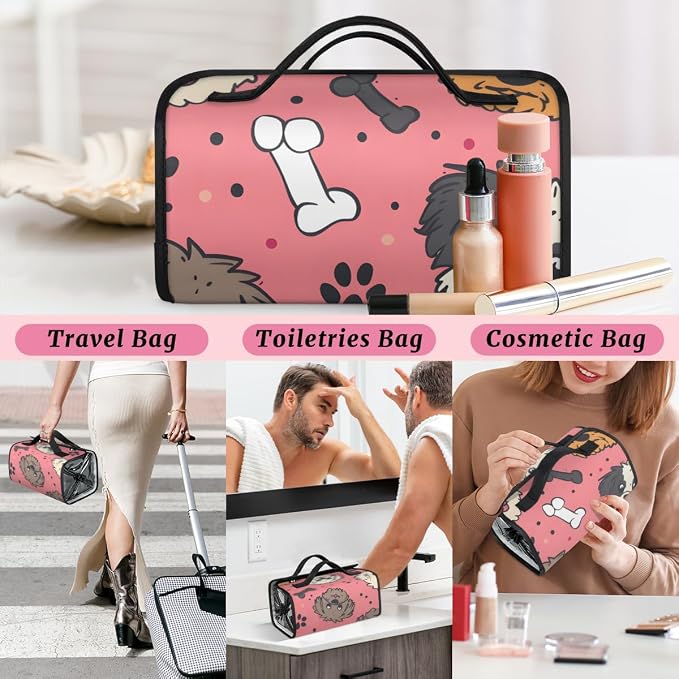 Cute Dog Makeup Bag for Women Hanging Roll-Up Travel Organizer Toiletry Kit with 4 Removable Compartments, Dog Paw