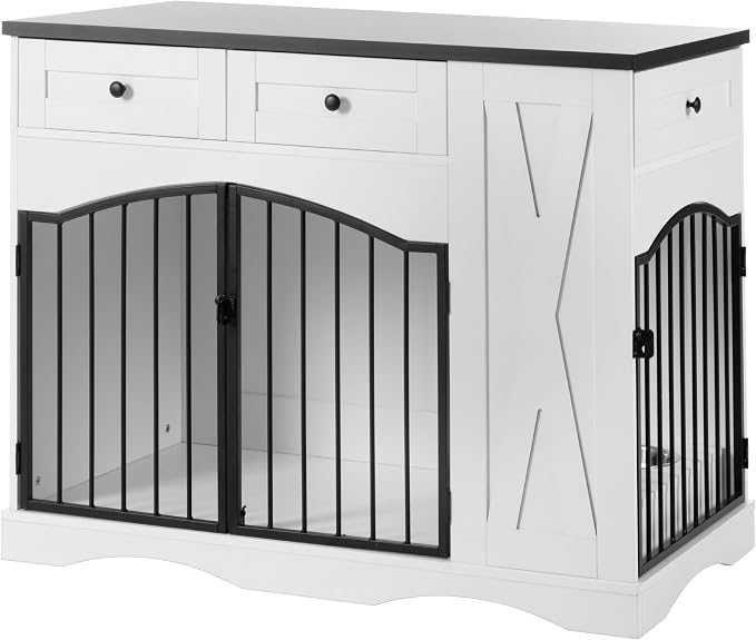 43.3" Farmhouse Dog Crate, Furniture Style Dog Cage with 3 Drawers, Removable Feeder and 2 Bowls, Wooden Heavy Duty Dogs Crates End Table for Medium Large Dogs, White+Black