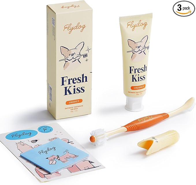 Flydog Fresh Kiss Dog Tooth Brushing Kit, Enzymatic Dog Toothbrush and Toothpaste- Vet Approved Formula, Breath Freshener & Tartar Remover, 360° Toothbrush & Finger Brush (Coconut Oil)