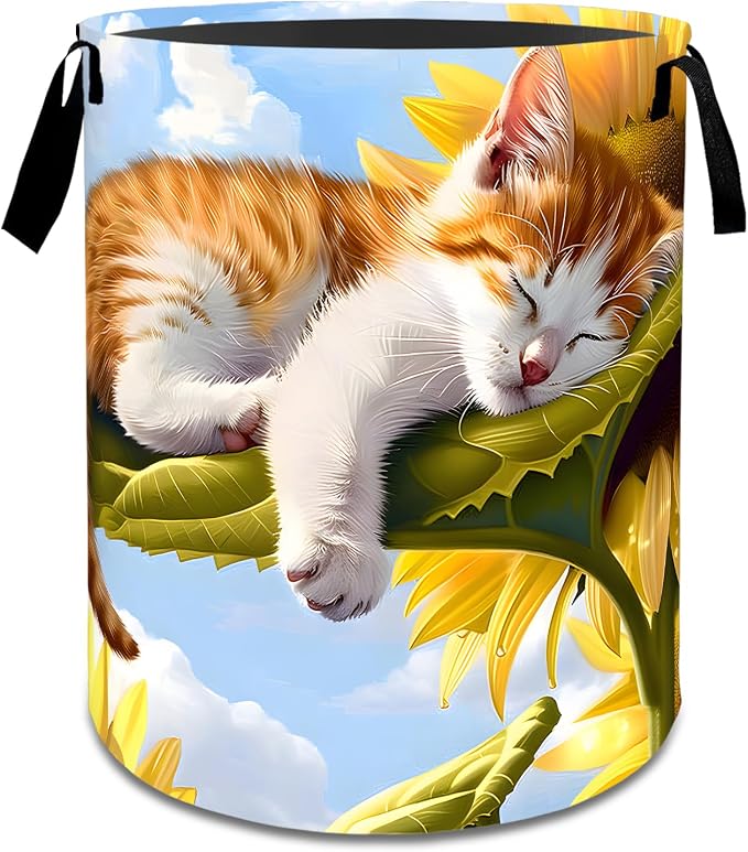 Cute Cat Sunflower Laundry Basket,Dirty Clothes Hamper,Adorable Kitten Flower Storage Bin Gifts,Foldable Waterproof Oxford Cloth Baskets for Bathroom,Bedroom,Home Decoration(19.7" x 15.7")