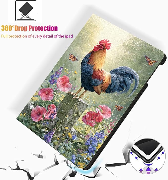 for Microsoft Surface Pro X/Pro X Plus-13 2019/2020/2021/2024 Tablet Case,Auto Wake/Sleep,Adjustable Stand Protective Cover - Rooster Flower Butterfly