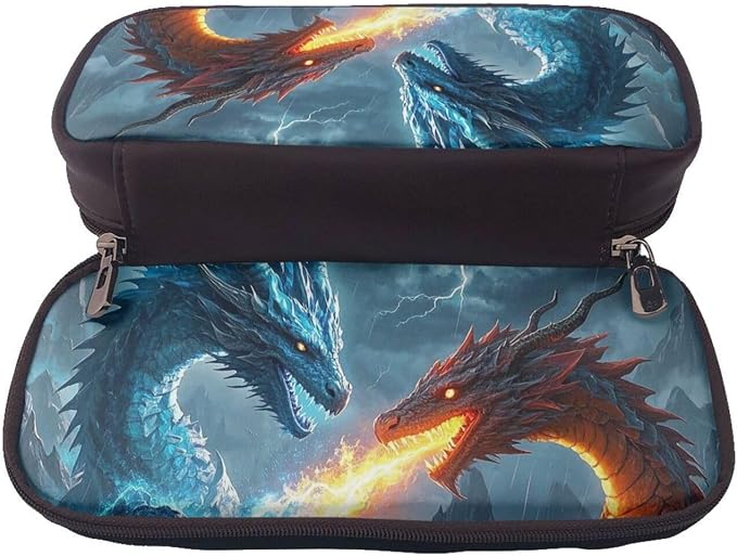 Leather Pen Case with Zipper - Aesthetic Pen Holder Ice Dragon and Fire Dragon Pencil Case for Women & Men - Handcrafted Pencil Bag Multi-Functional Travel Cosmetic Case for Work Office Tool Pouch