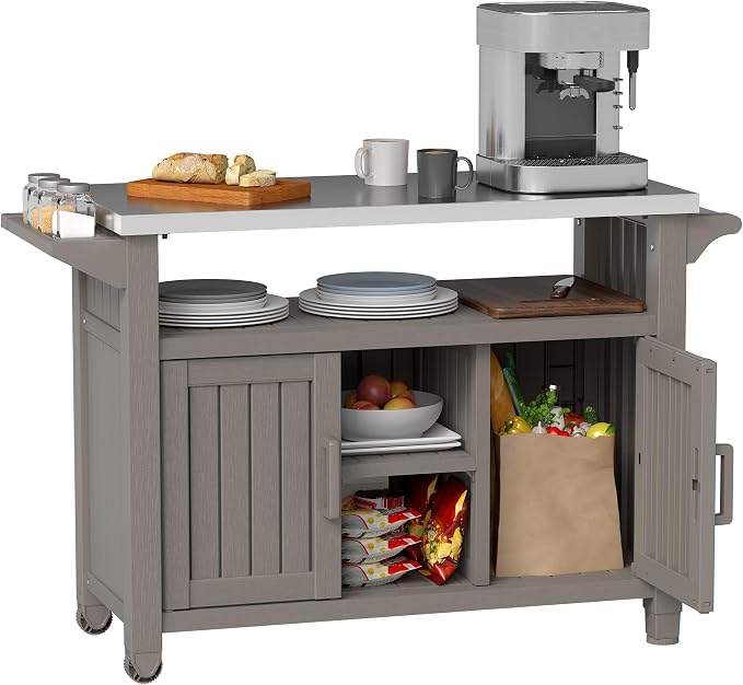 Bifanuo Outdoor Grill Table Grill Cart with Stainless Steel Top & Storage Cabinet for Food Prep and Storage, Portable and Durable with Wheels (Grey)