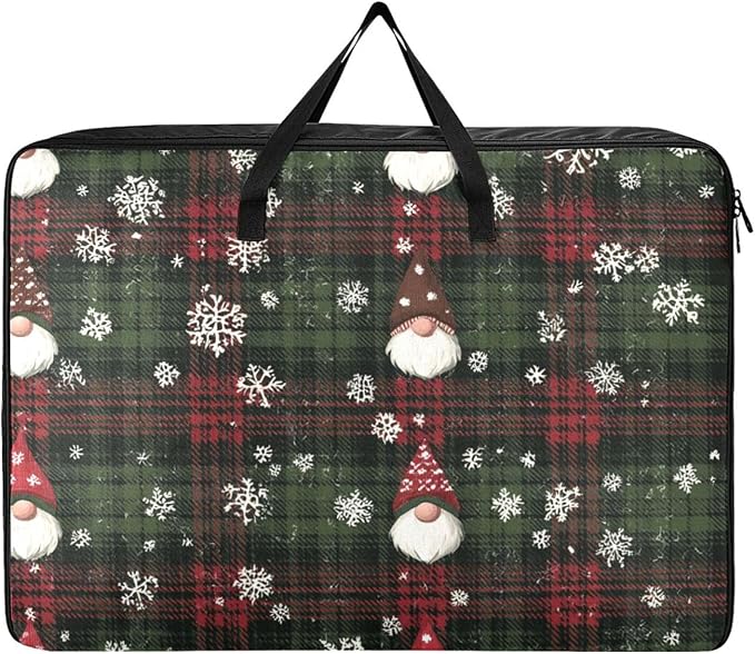 Comforter Storage Bags Large Folding Blanket Organizer Bag with Strong Handles Clear Window Closet Storage Containers for Clothes King Queen Pillows Bedding Quilt Duvet Christmas Gingham Gnome