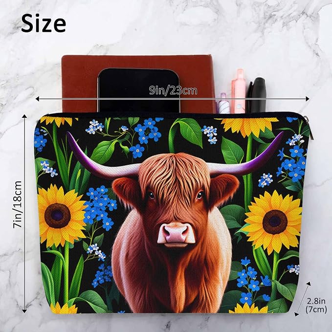 Makeup Bag For Purse Highland Cow, Hairy Cow Highland Cattle Sunflowers Yellow Cosmetic Bags For Women Travel Toiletry Pouch Makeup Bags Makeup Organizers Purse For Toiletries Cosmetics