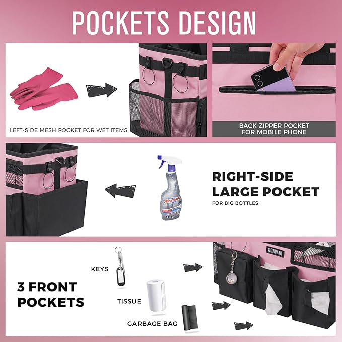 SCAVATA Wearable Cleaning Caddy Bag, Cleaning Caddy Supplies Organizer with Handle & Shoulder Straps for Housekeepers, Under Sink & Car Cleaning Tool Organizers with 4 Foldable Divider (SweetPink)