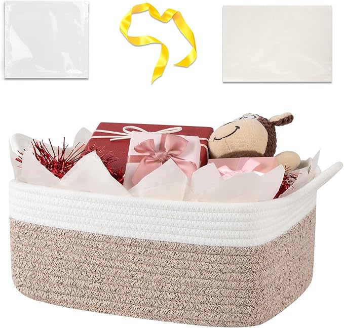 OIASKET Gift Basket Empty with Handle, Small Woven Baskets for Gifts Empty | 13.6"x10"x5.9", Baby Shower Toy Storage Baskets, Dog Toy Storage for Organizing, with Gift Bag Ribbon Tissue Paper