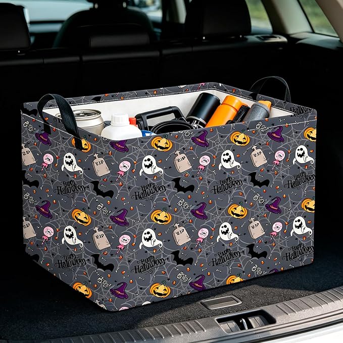CLOCOR Rectangular Storage Basket,Collapsible Cute Pattern Storage Bin,Waterproof Books Box with Handles,Gift Basket(Grey Tombstone Halloween)