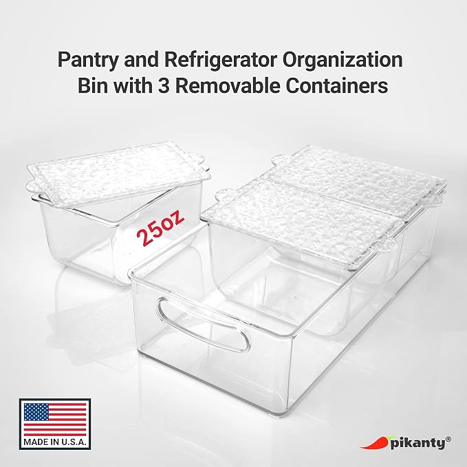 Pikanty Condiment Server Tray with 3 Removable Containers and Lids - Compact Sundae Bar, Taco Night, Dip Tray, Kids Snack Station Organizer with Carry Handles, Dishwasher Safe, Made in USA