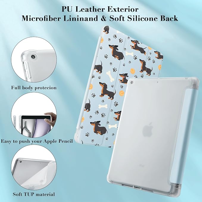 Cute Dachshund Case for 9.7" iPad 5th/6th Generation, Clear TPU Smart Stand Back Cover with Pencil Holder, Auto Wake/Sleep Foldable Protective Case for iPad 2017/2018