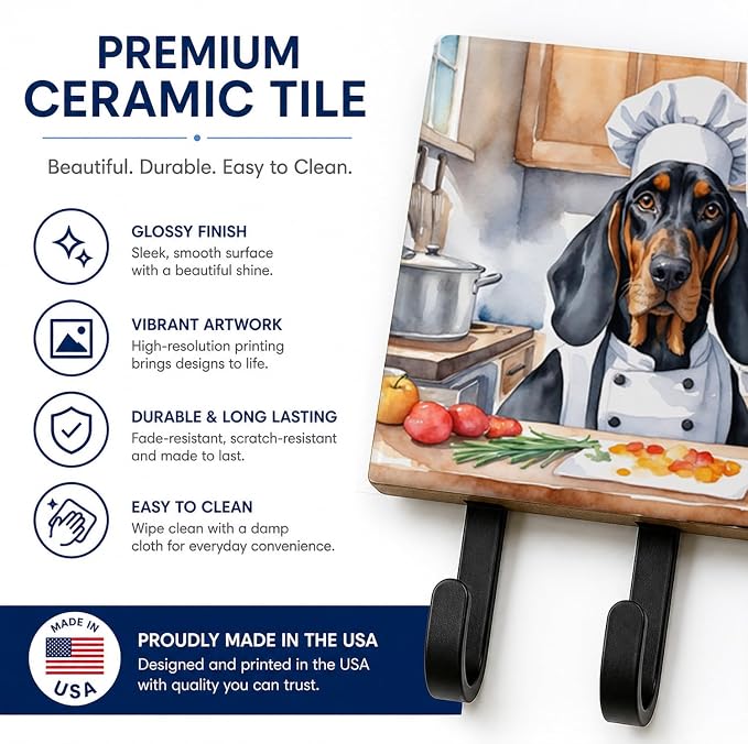 Caroline's Treasures Black and Tan Coonhound The Chef Leash or Key Holder Wall Hooks, Key Hooks Holder, Coat Rack Wall Mount, Coat Hooks, Hooks for Hanging Keys, Towels, Aprons, Leashes | Black and Tan Coonhound The Chef artwork on ceramic tile with th...