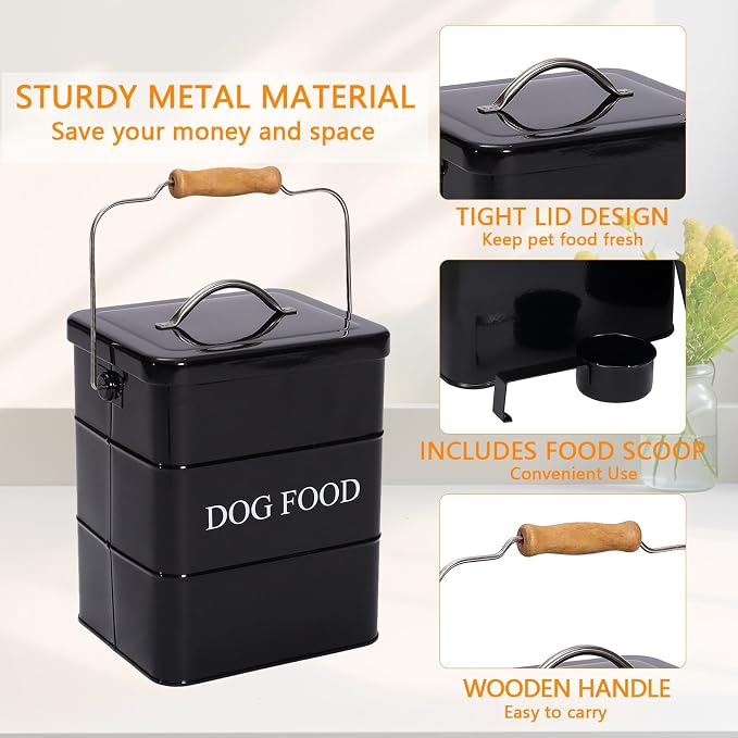 Morezi Dog Food Treat Storage Container with Lid Scoop Included - Perfect Farmhouse Dog Food Bin for Kitchen Countertop, Shelf, Decoration Home - 5 lbs Capacity - Black