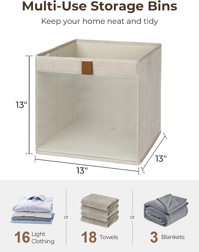 StorageWorks 13x13 Fabric Storage Cube Bins, Brown and Beige, 3-Pack | Mesh Front Window, 2 Soft Leather Handles, Collapsible, Flip to Show/Hide, Storage Baskets for Closet, Shelf, Cube Organizers