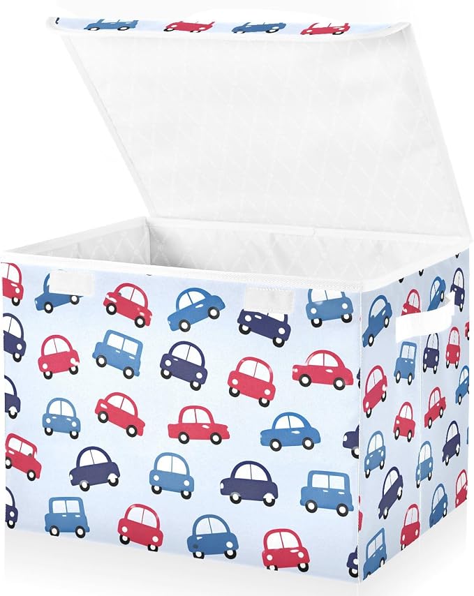 Storage Bins with Lid Toy Car Foldable Storage Boxes 40L Baskets | Decorative Storage Boxes, 300D Oxford Cloth, Hollow Board Frame, Flip Top Velcro Lid, 16.5x12.6x11.8 inch, Collapsible Design