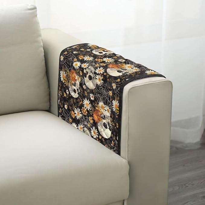 Skull Daisy Stretch Armrest Cover Couch Arm Covers Washable Sofa Chair Arm Covers with 2 Pockets Furniture Protector Armchair Slipcovers for Recliner Home Decor Sofa Arms Rest Cover