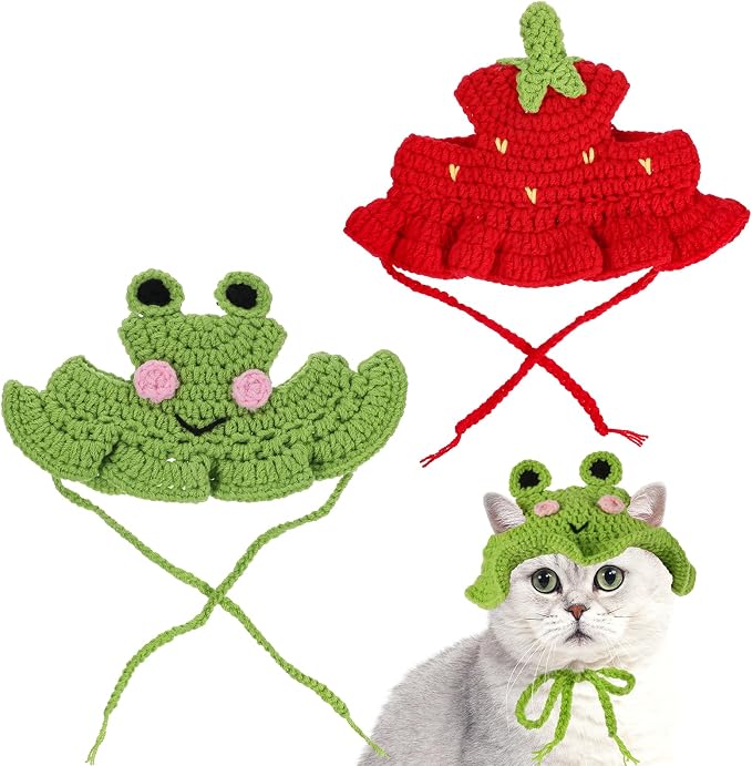 2Pcs Crochet Cat Hats Knit Cat Hat Strawberry and Frog Hat (Red, Green) | Cute Knit Cat, Soft, With adjustable cord, Handmade Crochet Cats Clothes, for Puppy Kitten, Christmas Party Costume Accessory