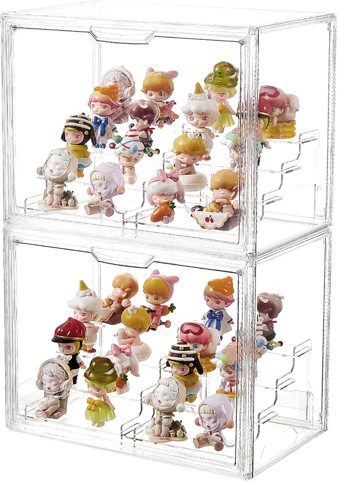 4 Tiers Clear Acrylic Display Case, Plastic Storage Bins with 2 Display Risers and Magnetic Door,Stackable Display Box for Figures Showcase (XLarge -4 Tier-2 Pack)