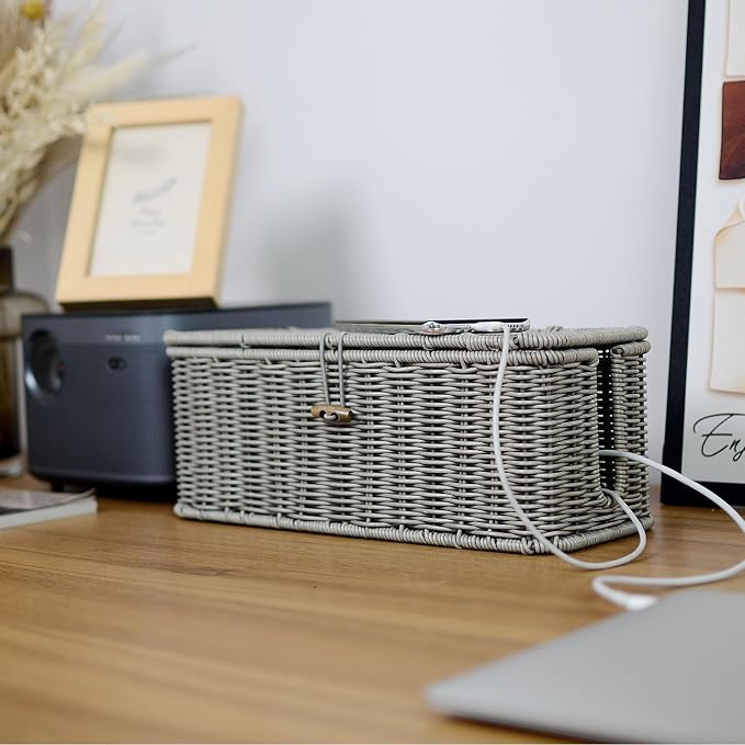 Cable Management Box, Cord Organizer with Lid & Cable Ties - Gray Small | Handmade Open Slots Cord Hider Outlet Covers for Power Strip TV PC Router Charger Under Desk Storage