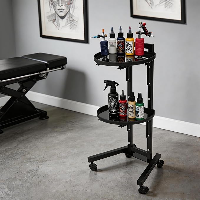 2-Tier Hairdressing Trolley, Mobile Salon Tool Storage Cart | Carbon Steel & Plastic Structure, Foldable 2-Tier Shelves, Protective Guardrails, 4 Universal Wheels, Stable Trapezoidal Base