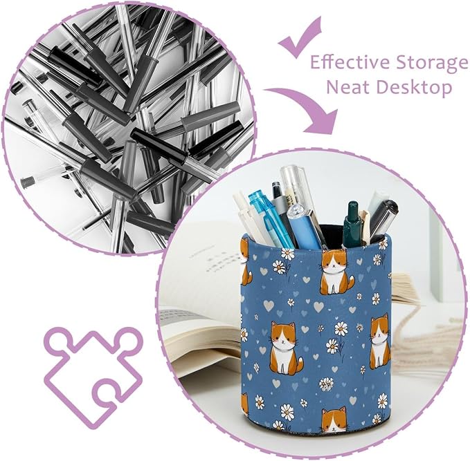 Faux Leather Pen Holder for Desk, Pencil Organizer Cute Cats Pen Cup Desk Decor Makeup Brush Holder Storage for Office Home