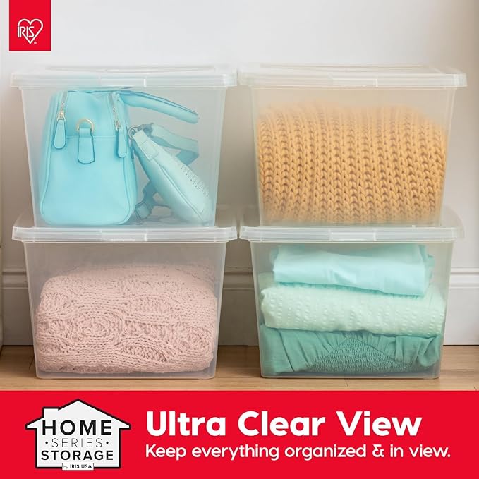 IRIS USA 4-Pack 25 Qt Storage Bins with Lids, Clear, Stackable | Great for clothing, linens, closets and home organization, nestable design, transparent design makes contents easy to find