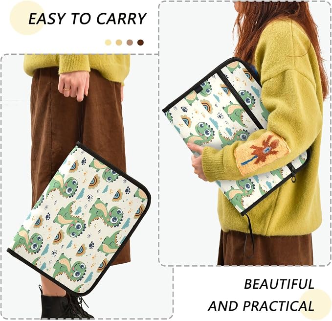 Green Dinosaur Rainbow Pattern 13 Pocket File Organizer Expanding File Folder with Front Pouch Portable Business File Storage Document Organizer Folder with Zipper