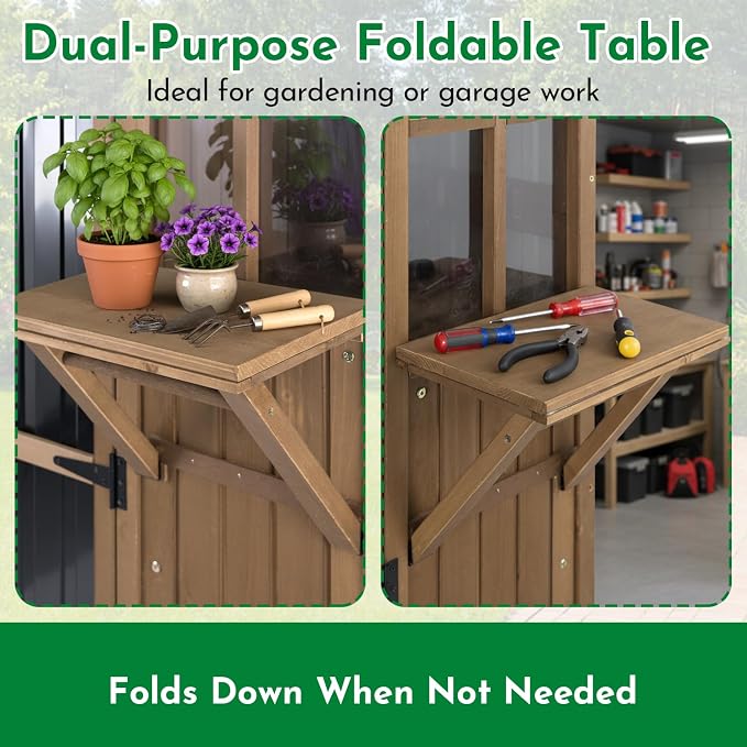 Ketive Outdoor Storage Cabinet, Large Wood & Metal Garden Shed with Foldable Table, Weather-Resistant Asphalt Roof, Lockable Doors & Adjustable Feet for Patio, Backyard, or Garage (47"L x 20"W x 70"H)
