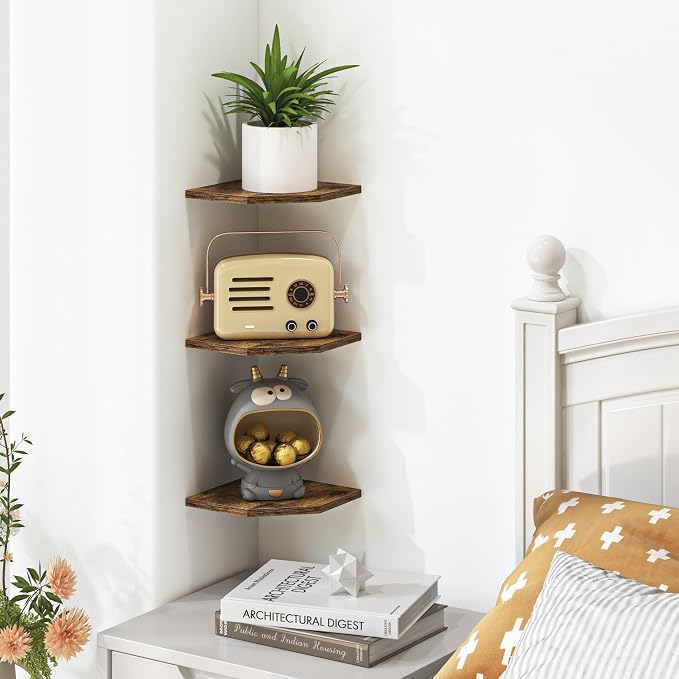 Fun Memories Corner Shelf Wall Mount, Floating Corner Shelves, Set of 6 Corner Wall Shelf Organizer, Rustic Wood Wall Storage Display Shelves for Living Room Bedroom Bathroom Kitchen, Rustic Brown