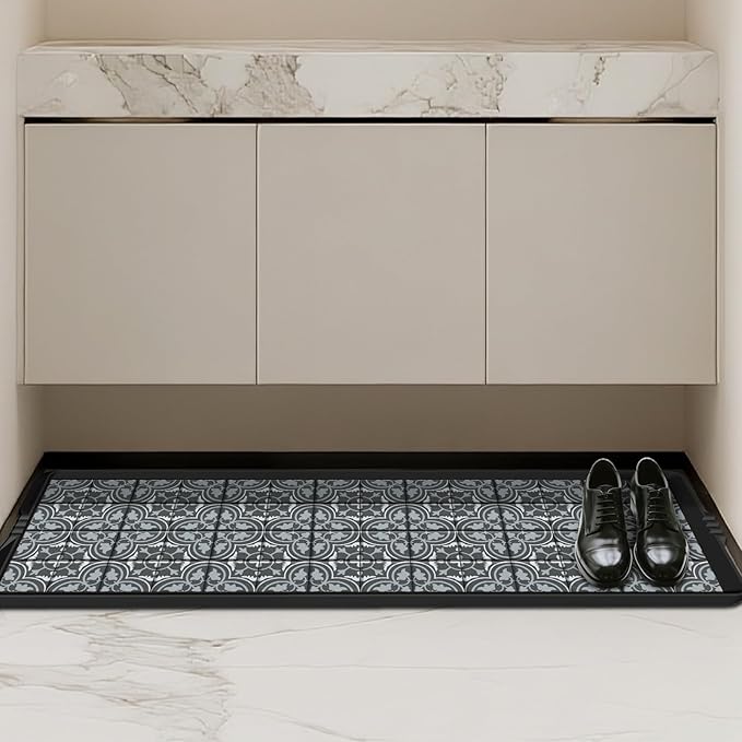 BEHERO Boot Tray Shoe Mat Decorative Patterned, Rubber Boot Matt Tray Indoor and Outdoor Use, 16" x47.5" Shoe Cleaning Mat Non-Slip, Shoe Storage Waterproof with Artistic Prints for Entryway(Gray)