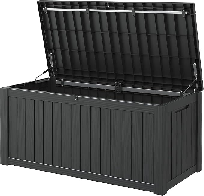 Outdoor Storage Box, 150 Gallon Large Outdoor Resin Deck Box, Storage Waterproof Boxes Lockable Lid for Garden Tools, Pool Supplies, Patio Furniture and Cushions, Black