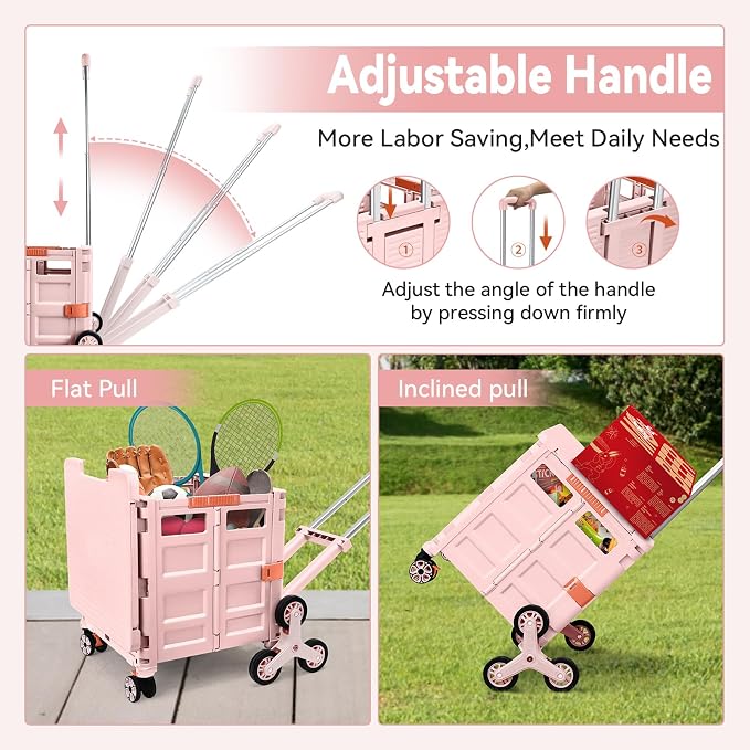 Foldable Utility Cart Portable Crate Rolling Dolly with Telescopic Handle,Can be Pulled diagonally, Magnetic Retractable Lid, 360°Swivel Climbing Wheels for Shopping Carrying Groceries Move Pink