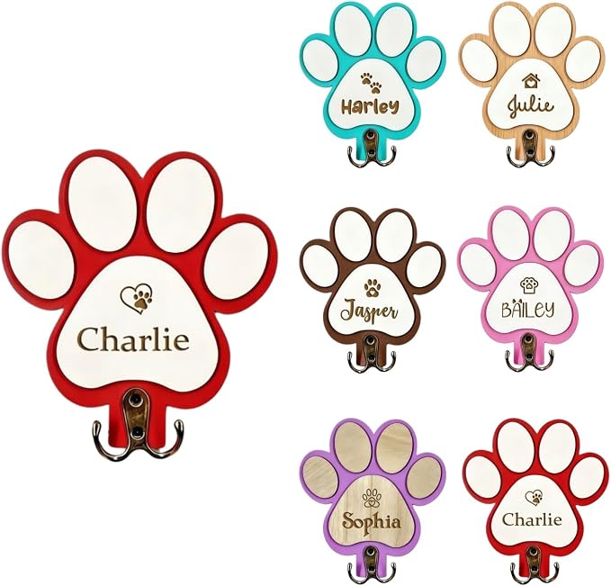 Custom Dog Leash Holder with Name, Personalized Wooden Key Rack and Pet Collar Hanger for Wall, Rustic Farmhouse Entryway Organizer, Dog Lover Gift(Red)