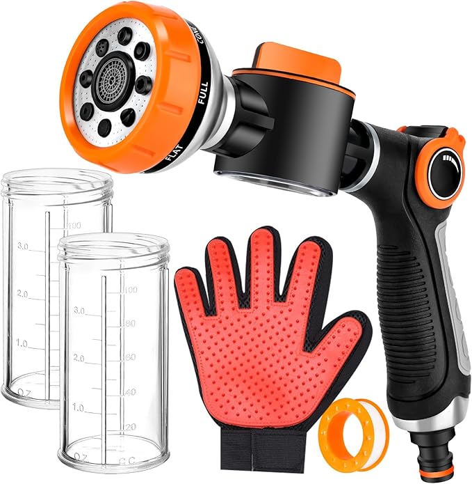 Upgrade Dog Washing Hose Attachment with Replacement Soap Bottle, 8 Spray Patterns Dog Wash Hose Attachment with Dog Washing Gloves, Suitable for Watering Plant, Patio, Cleaning, Showering Pet