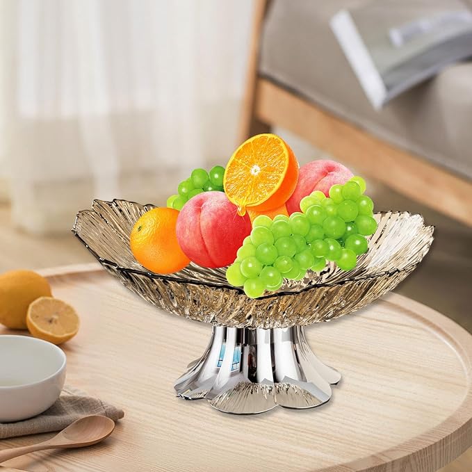 Pedestal Fruit Bowl, Snack Storage Holder, Fruit Tray, Dessert Display Stand, Decorative for Living Room Kitchen Home, E with Silver Base, Gold