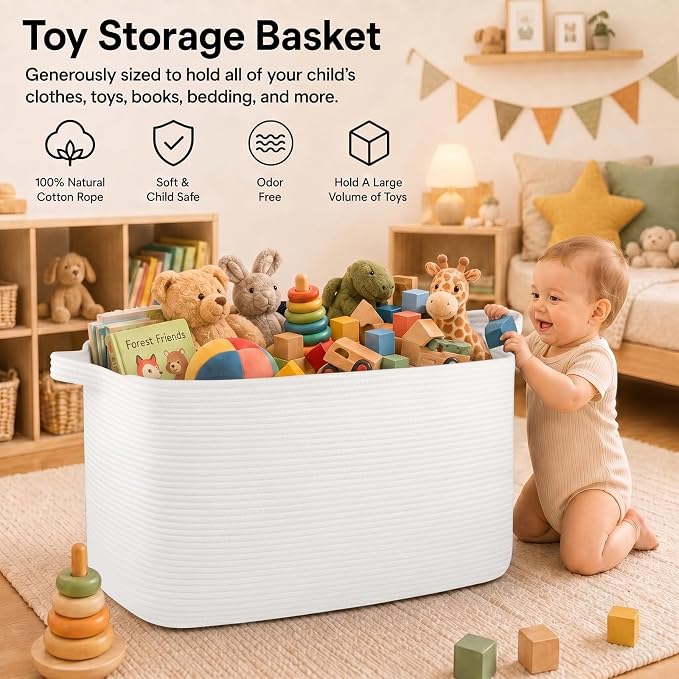 OIASKET 118L Extra Large Blanket Basket Living Room, 24.8"x17.7"x16.2" | Woven Rope Baskets for Storage, Nursery Blanket Storage for Living Room, Toy Basket with Handle Organizing Comforter Pillows